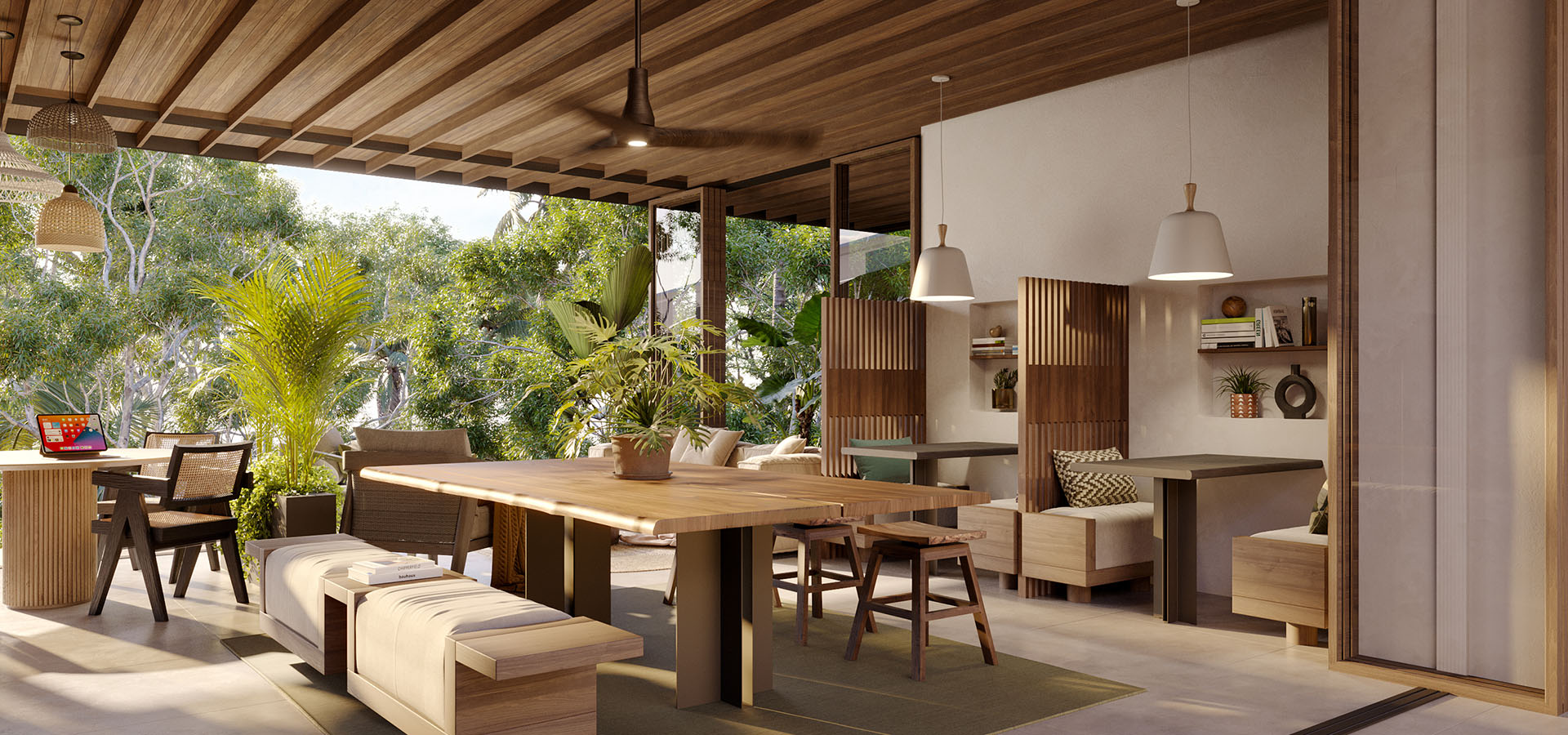 Open-air co-working room, illuminated and surrounded by nature. 