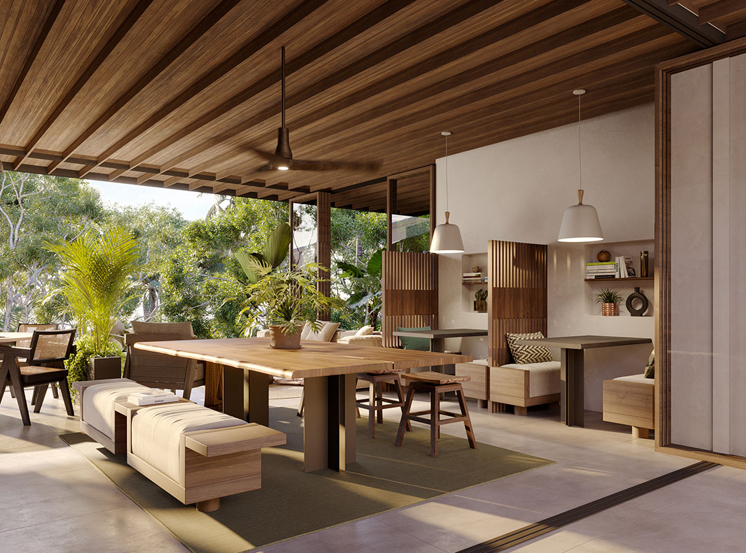 Open-air co-working room, illuminated and surrounded by nature. 