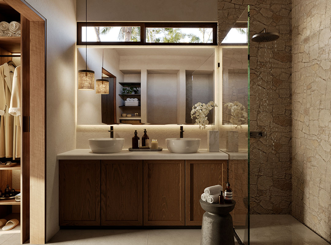 Bathroom with natural finishes by Acquarello Dominical 
